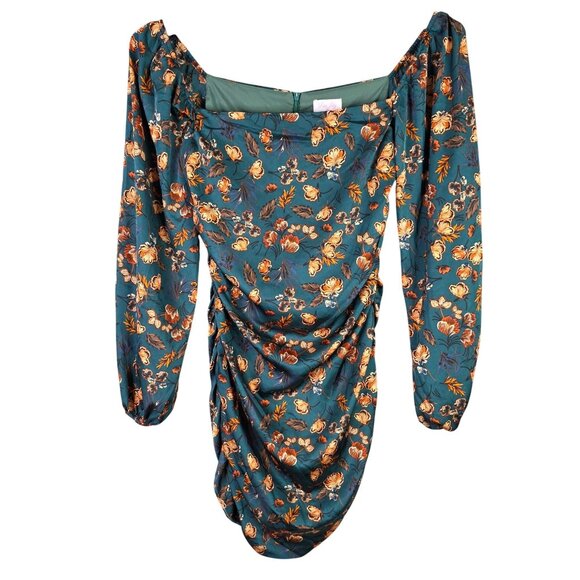 Womens Pink Lily Teal Orange Floral Ruched Mini Dress Long Sleeve Polyester M - Picture 1 of 11